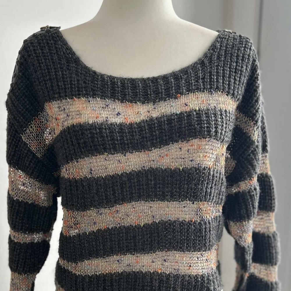 Tricotto Charcoal & Metallic Open-Knit Stripe Sweater w/ Shoulder Zippers - US M - Picture 3 of 16